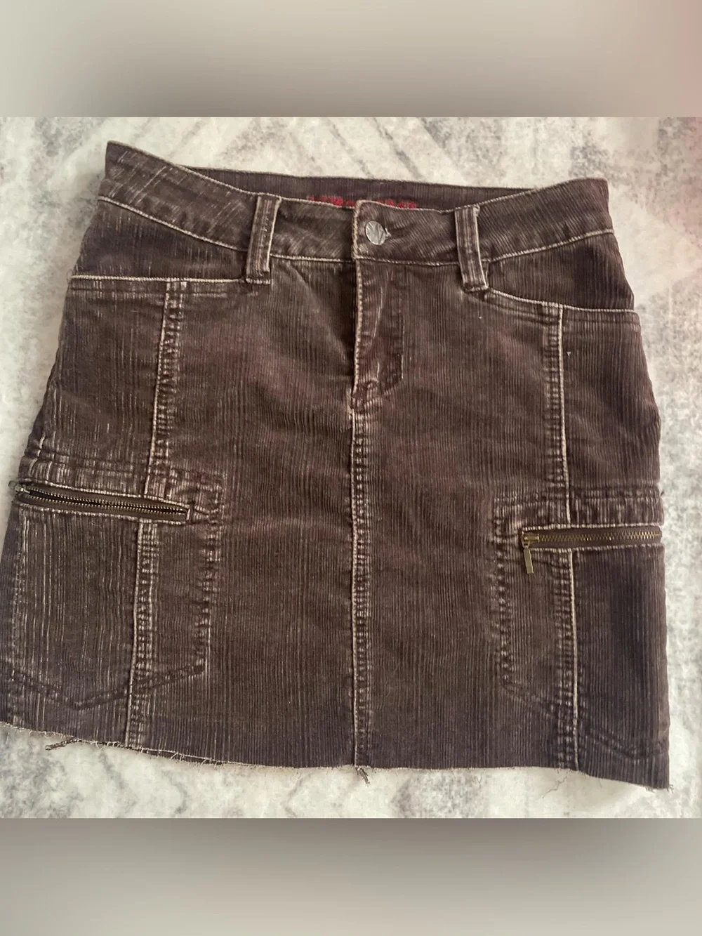 Corduroy Mini Skirt with Front Zip Pockets - Brown